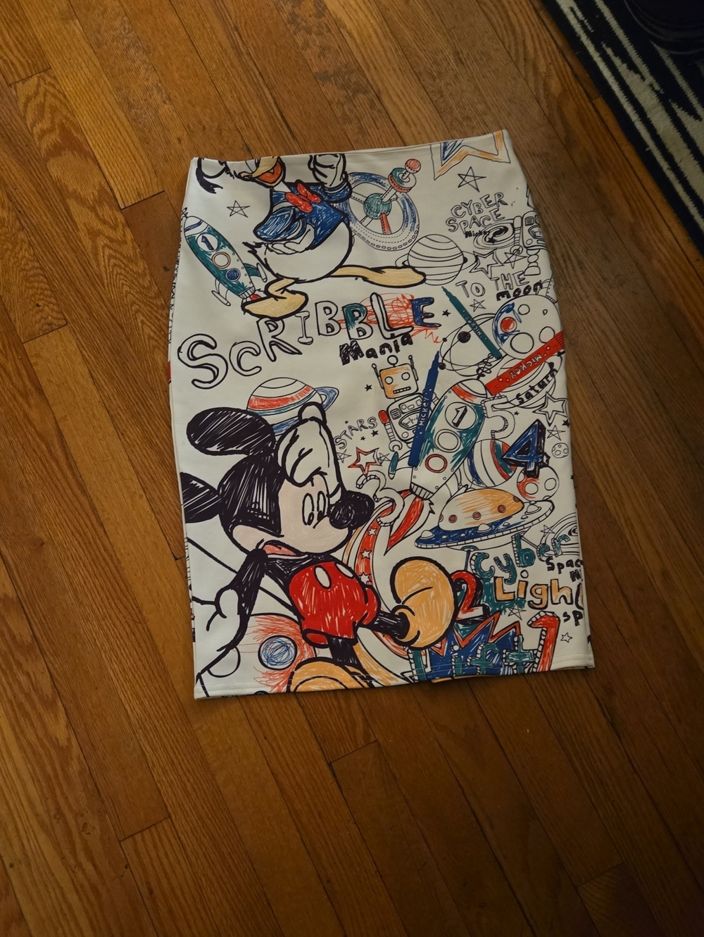 White Disney Scribble Print Pencil Skirt with Red and Blue Accents